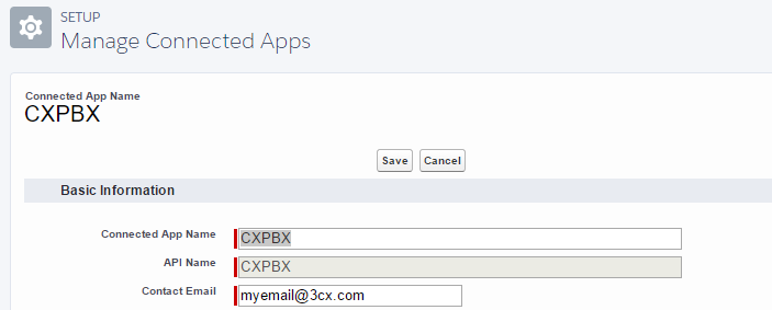 Введите название приложения, например CXPBX, контактный e-mail и нажмите кнопку "Save". 