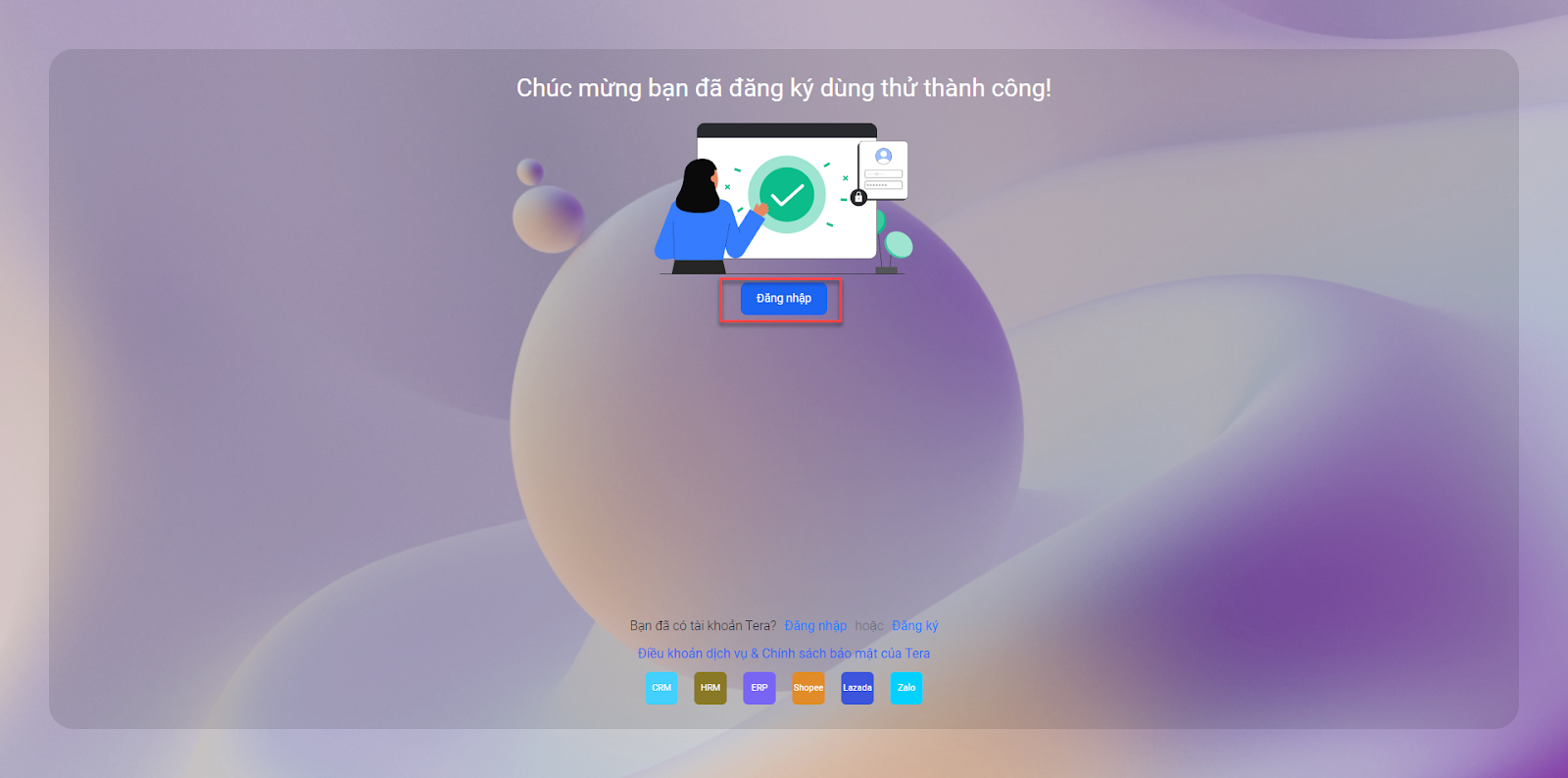 Đăng ký tài khoản doanh nghiệp Tera CRM thành công
