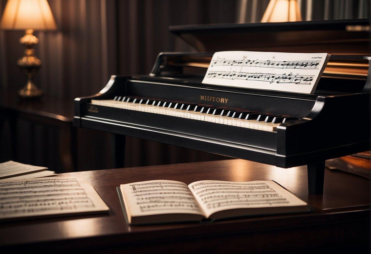 A piano with sheet music, MIDI keyboard, and music theory book on a desk. A computer with music software in the background