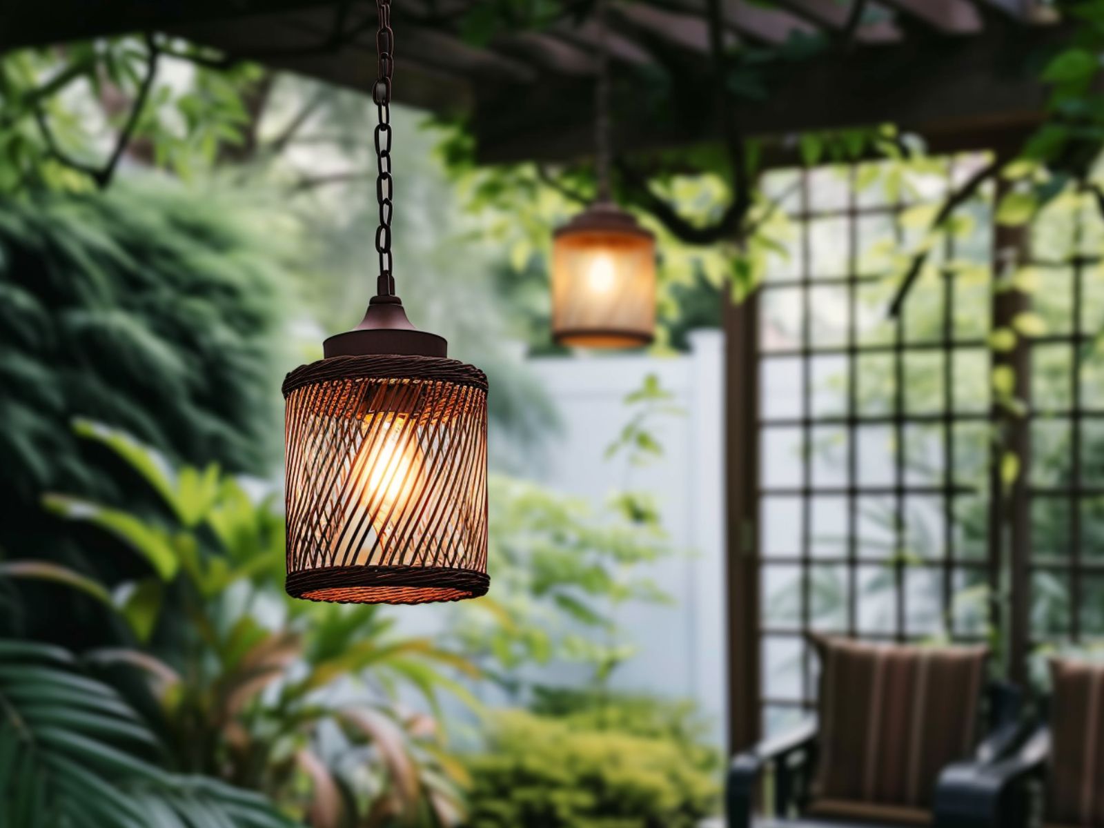 Pendant lights hanging from a patio roof for landscaping purpose
