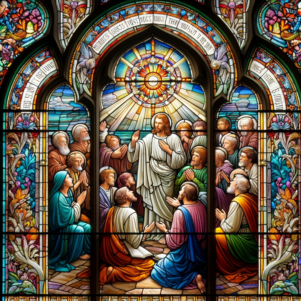 Stained glass window from a church that illustrates a biblical story, such as Jesus teaching His disciples to pray, reinforcing the sacred context in which "Amen" is often used