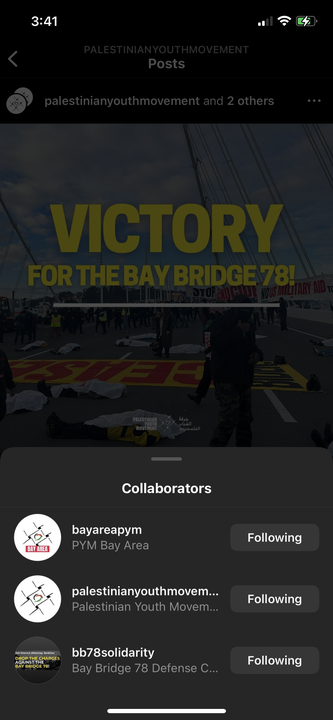 Screenshot of Instagram post shared by @palestinianyouthmovement, bayareapym, and @bb78solidarity announcing that  that protestors who blocked the Bay Bridge in San Francisco in support of a ceasefire in Gaza reached an agreement with the court that would allow them to avoid jail time. 