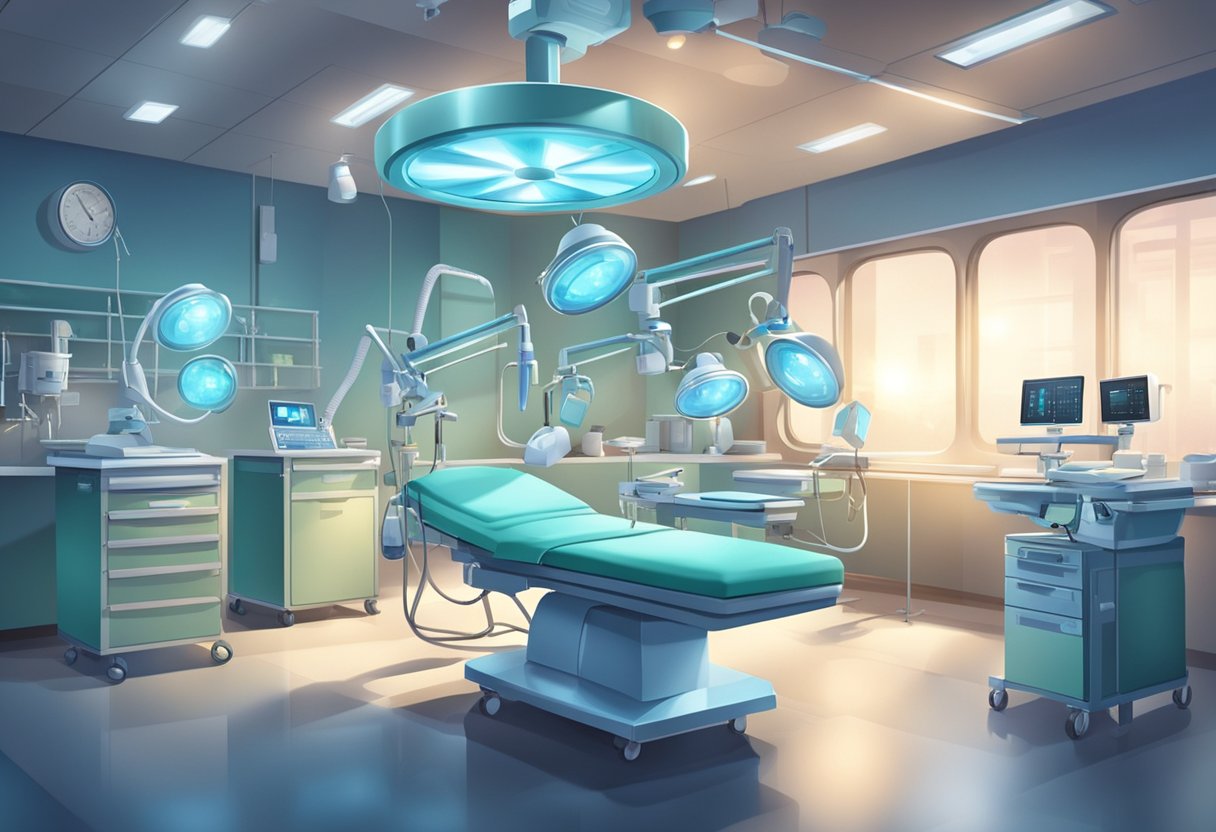 A sterile operating room with bright lights and medical equipment. A table in the center with surgical tools laid out. A sense of anticipation and focus in the air