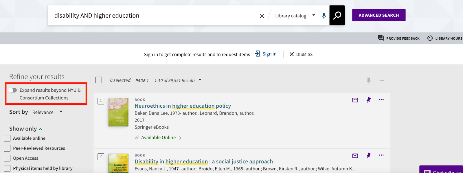 Results page for the search phrase "disability AND higher education". At the top of the filter options is a toggle to Expand results beyond NYU & Consortium Collections, highlighted in a red box.