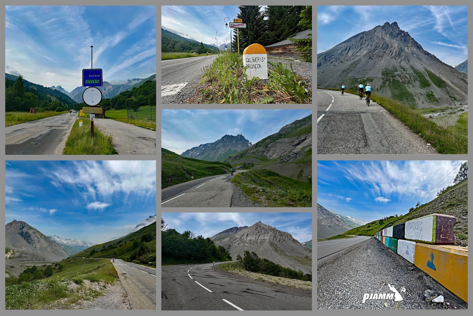 Cycling Col du Galibier from Valloire: photos along the first third of the climb include mountain views, road conditions, and yellow and white kilometer markers
