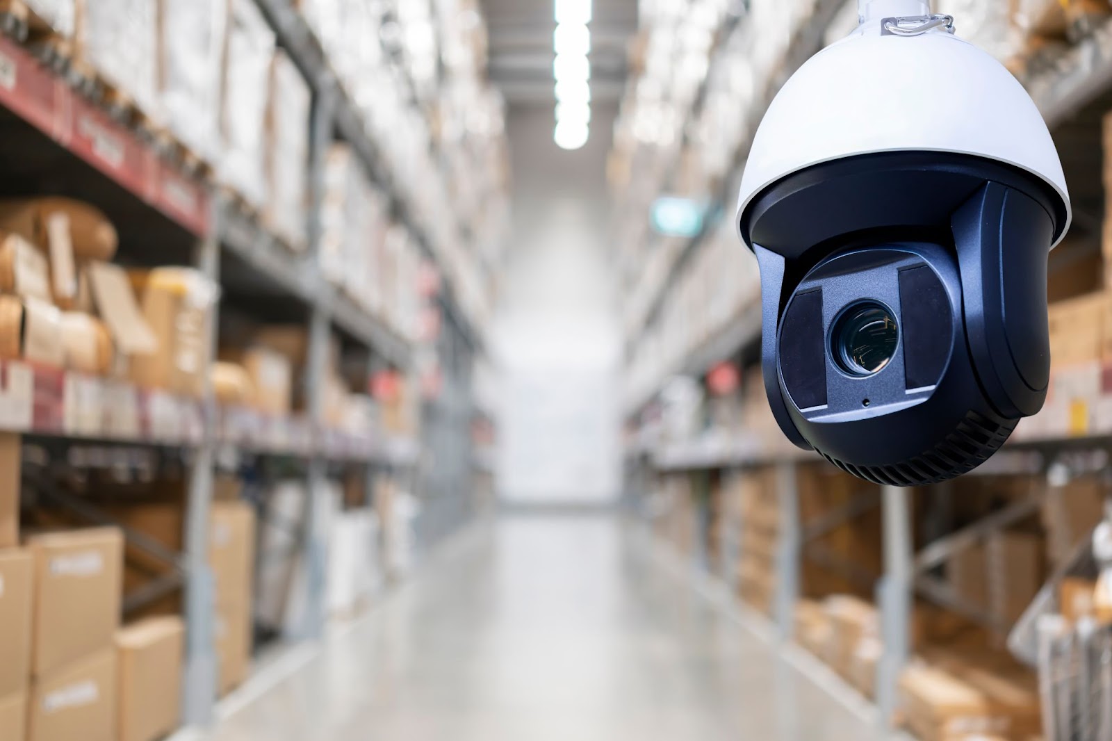 Close-up of a security camera with a blurred warehouse background.