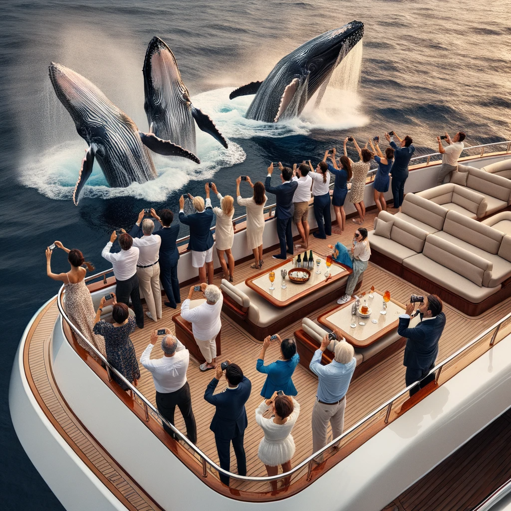 Excited guests whale watching from a luxury yacht in Los Cabos.