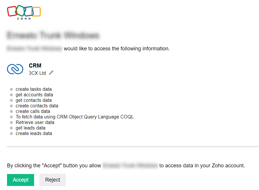 Появится запрос выбора аккаунта - выберите аккаунт пользователя CRM (но не аккаунт разработчика). Нажмите кнопку "Accept", чтобы предоставить доступ к аккаунту Zoho для созданного ранее Client ID.