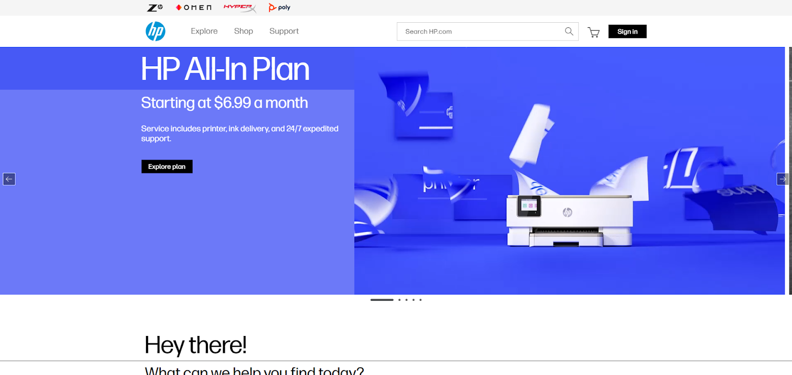 A screenshot of HP's website