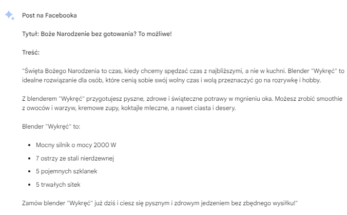 Post na Facebook przygotowany przez narzędzie AI - BARD AI.