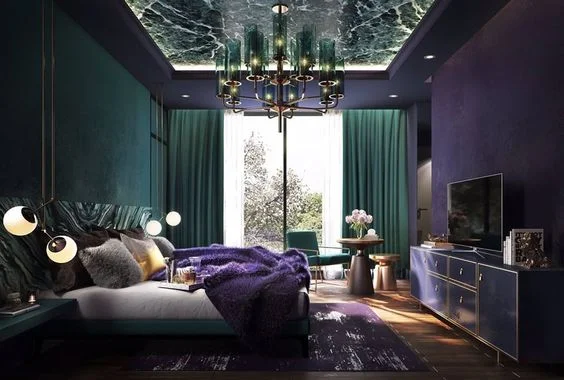 Two colour combinations for bedroom walls #27: purple and peacock green.