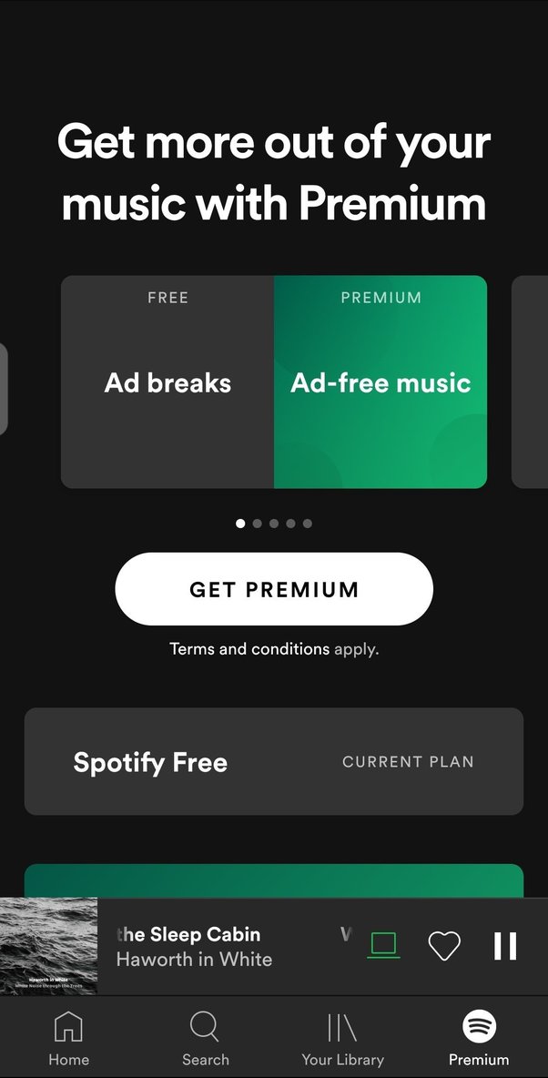 Spotify Android screenshot with the Get Premium button