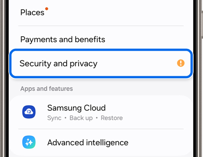 Security and privacy tab highlighted