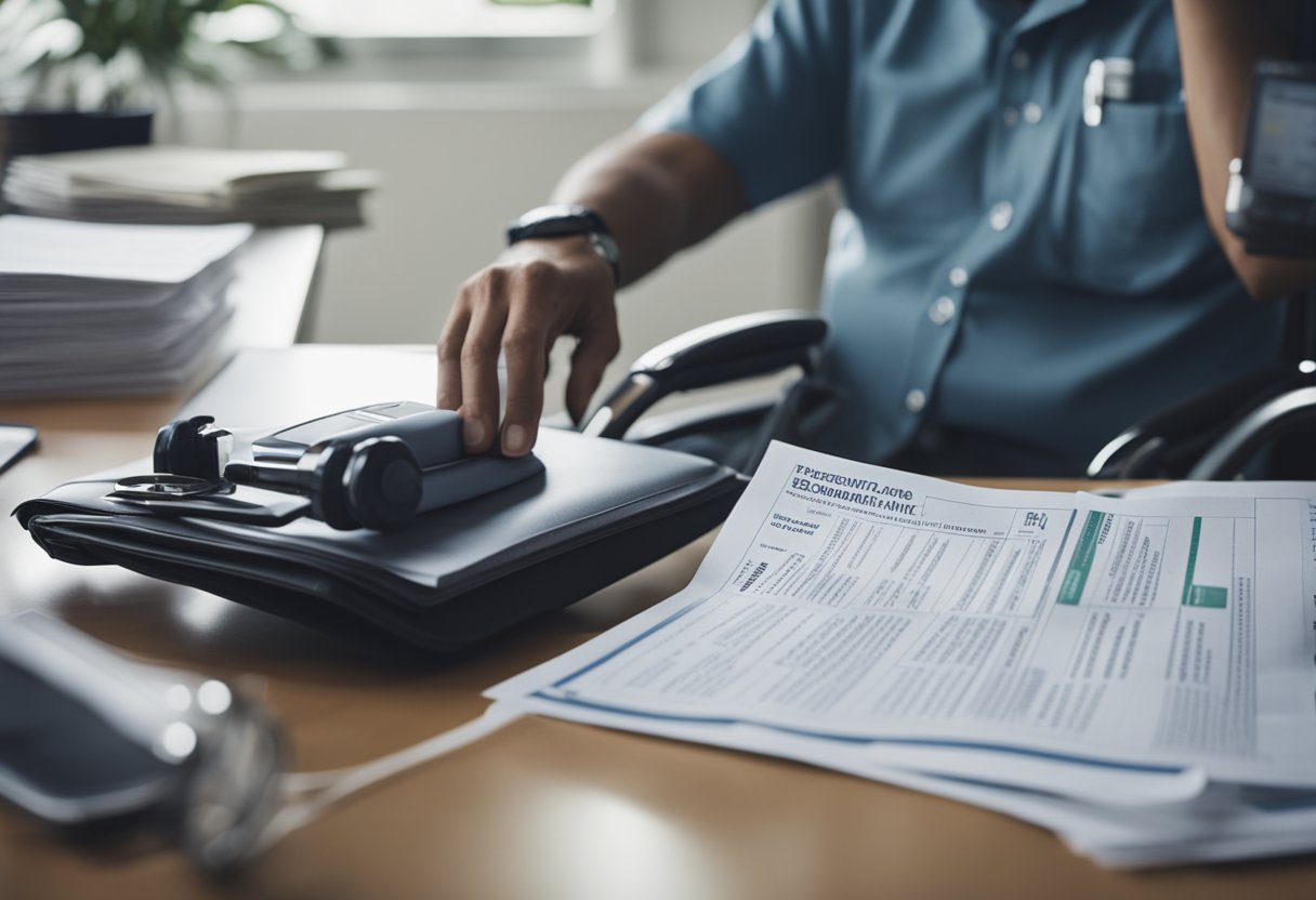 A person in a wheelchair surrounded by medical bills and a stack of paperwork, with a concerned caregiver looking on