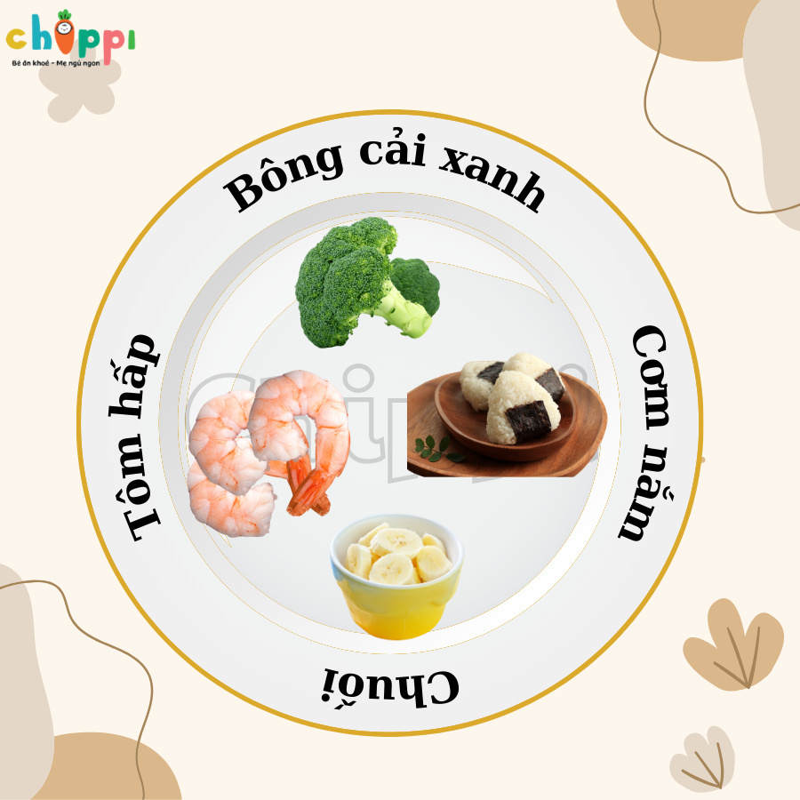 Thực đơn 2: Cơm khuôn, tôm hấp, bông cải xanh, chuối