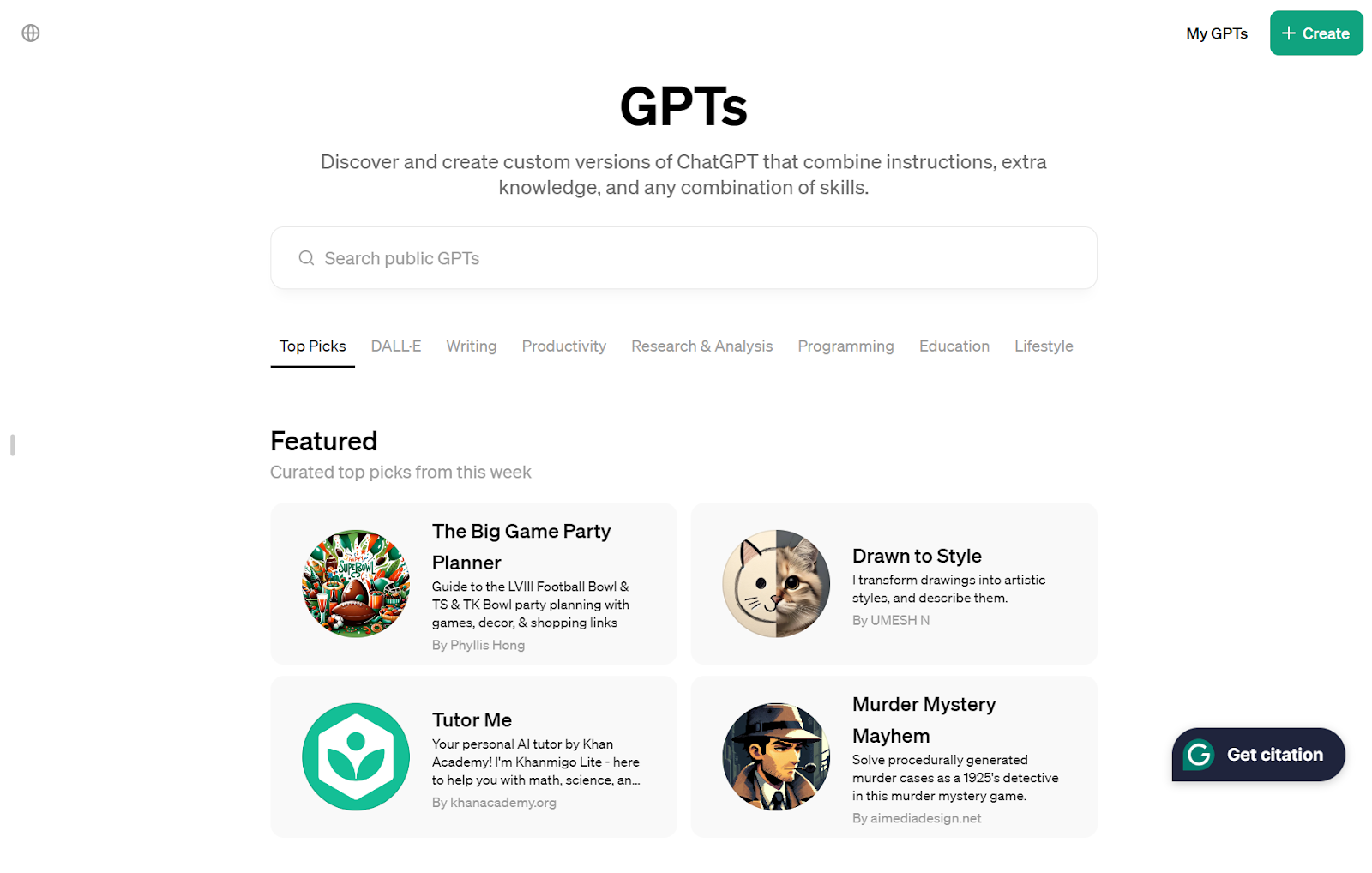 Screenshot of the free Custom GPTs made available by GPT-4