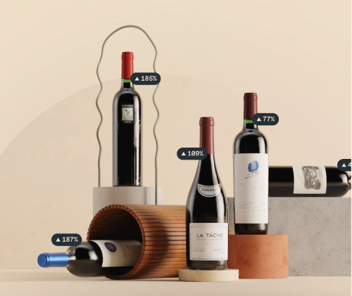Wine bottles with graphics indicating how much they’ve appreciated in value.