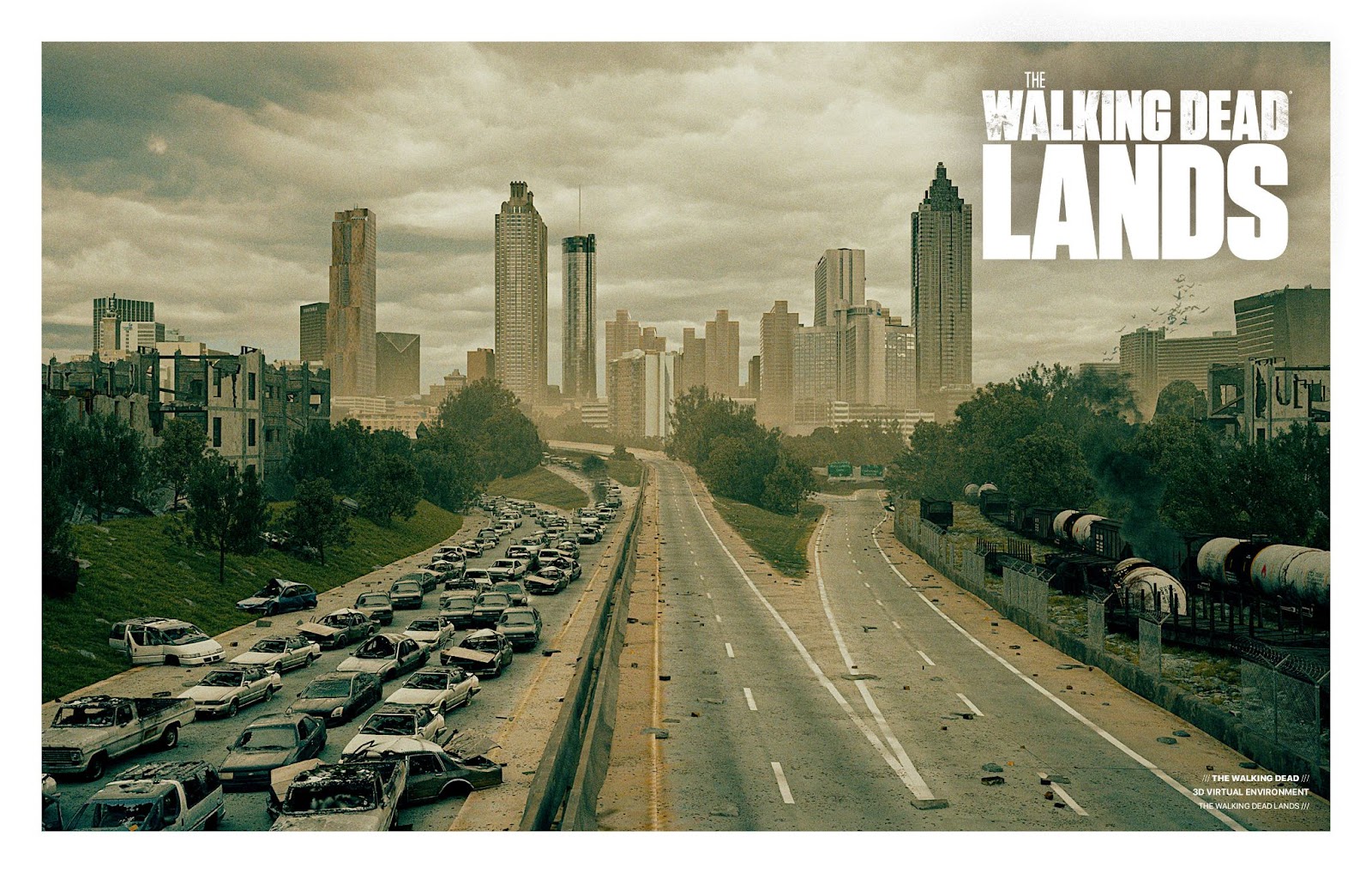 game scene showing freeway out of Atlanta with cars abandoned on one side