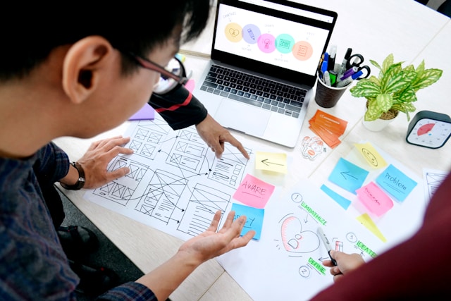 A group of people discussing wireframe design on a white table with a laptop a pen stand plant and clock on it