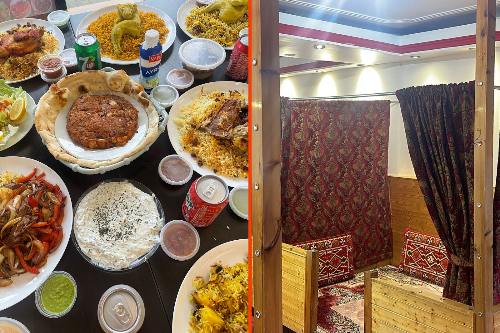A composite of two images: on the left, an assortment of rice, meat and mezze dishes and sauces on a table. On the right, a photo of the restaurant interior with floor seating on traditional middle eastern carpets and cushions for diners.