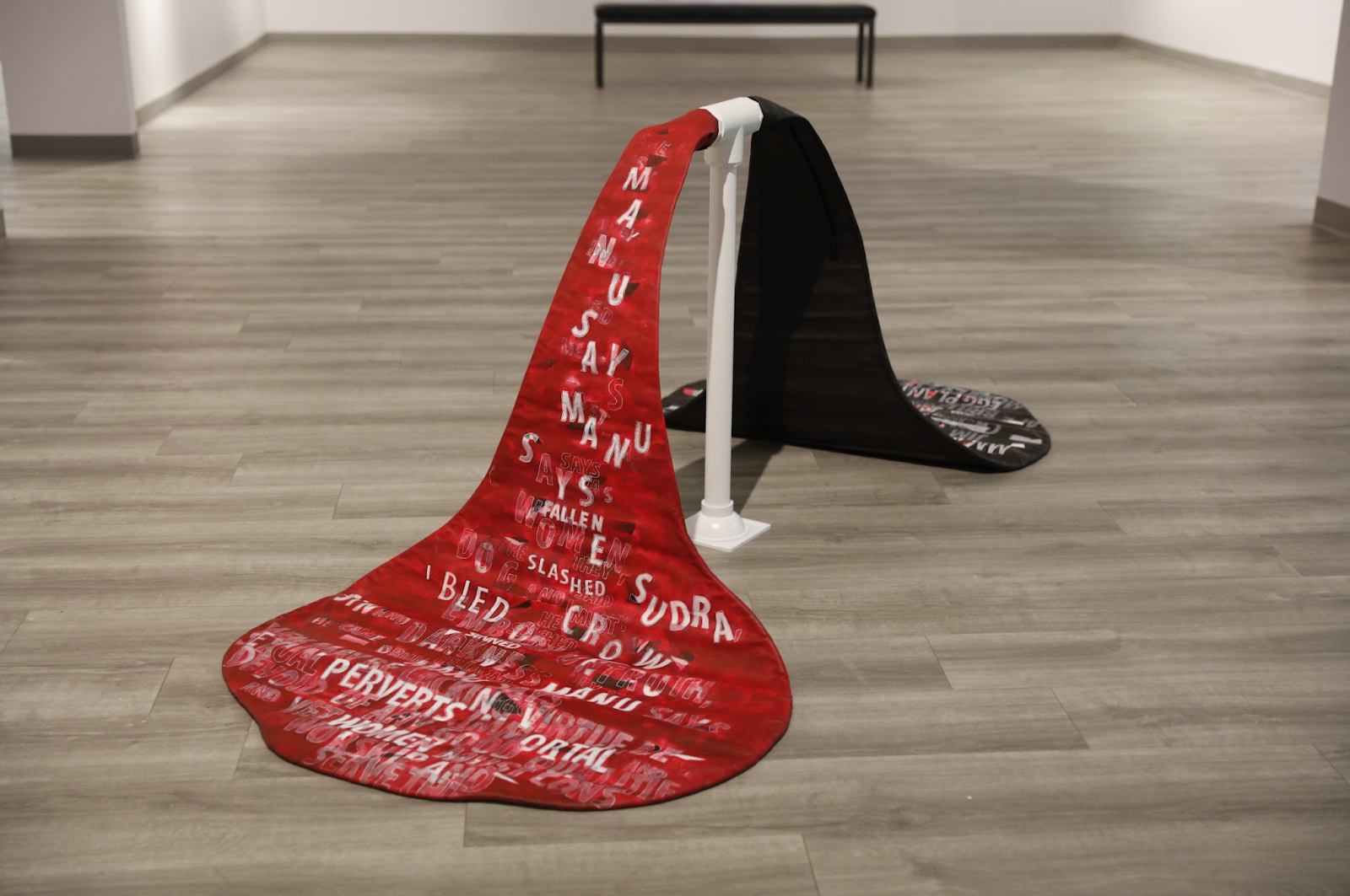 Image: Indrani Nayar-Gall, Words, 2017-2019. A T-shaped PVC pipe is on the floor, with red canvas spilling out of one side and black canvas out of the other. There are white words and letters on the canvas, saying words like "PERVERTS," "BLED,"  and "FALLEN." Image courtesy of the South Asia Institute.