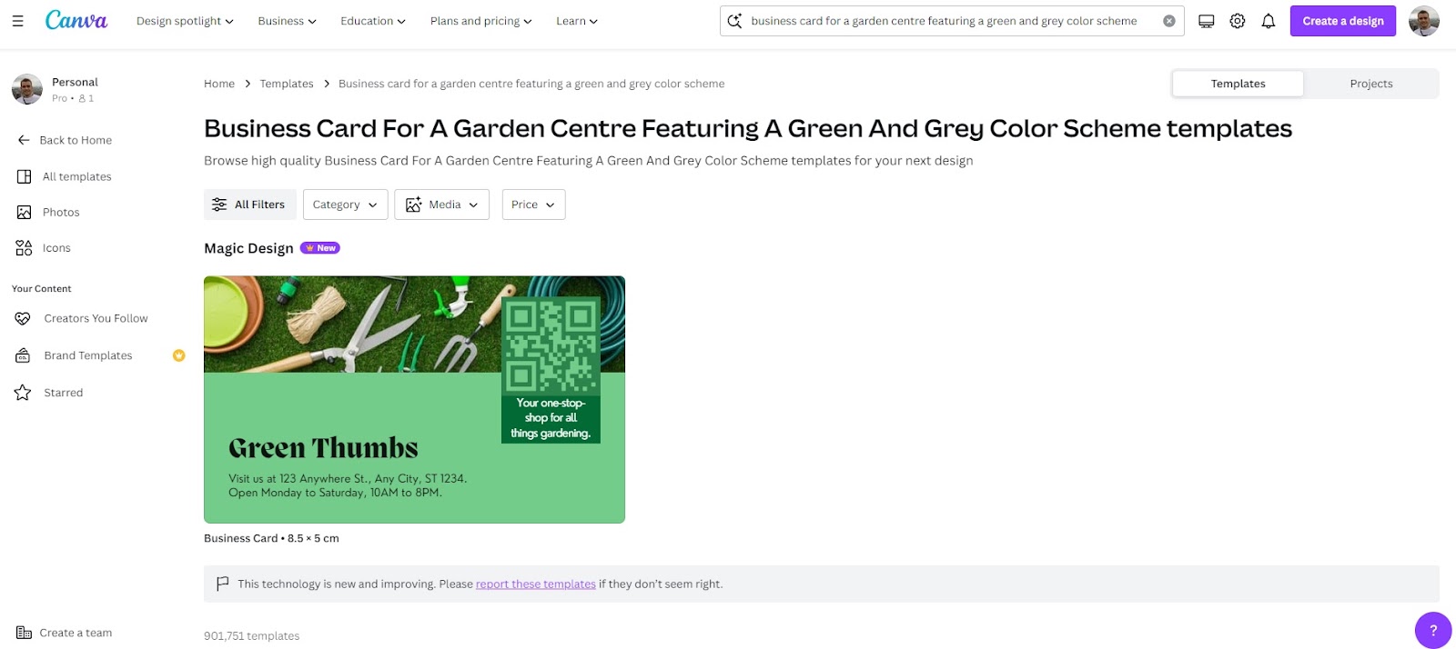 canva screenshot, business card for garden centre example, green business card