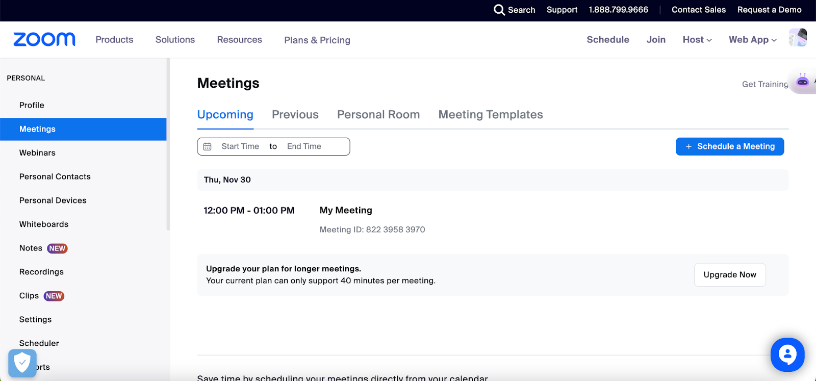 Create a Zoom meeting on web browser - Upcoming meetings