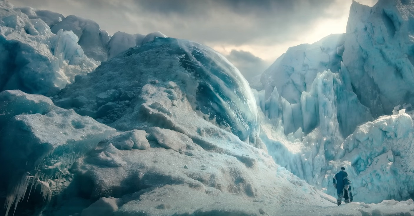 Sokka at the feet of the iceberg where Avatar Aang was hibernating