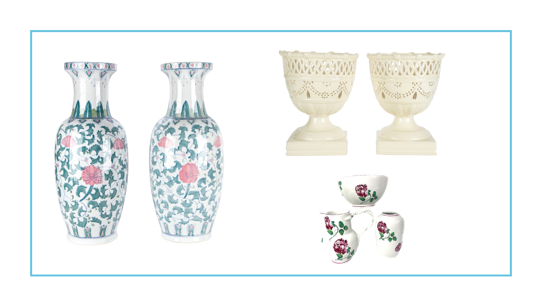 Pair of Large Painted Chinese Porcelain Vases, Tiffany & Co. Strasbourg Flowers Pitcher, Vase & Bowl, Pair of Royal Creamware China Cachepots