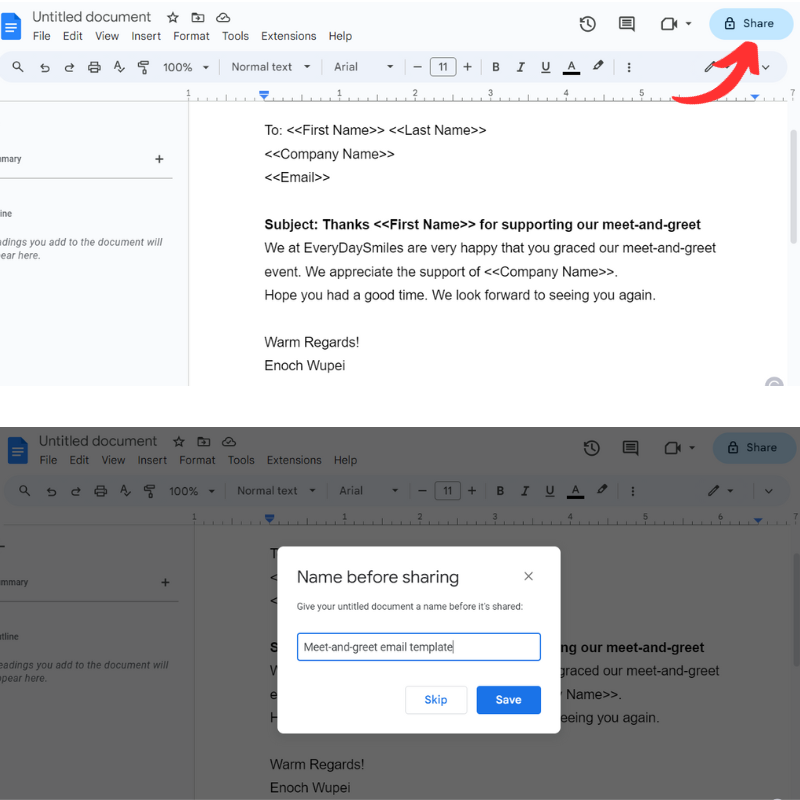 Clicking Share button and naming the document file