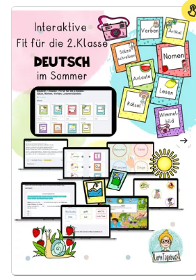 Werbematerial für ein Eduki Interactive mit dem Titel 'Fit für die 2. Klasse - DEUTSCH im Sommer'. Verschiedene farbige Kärtchen mit den Aufschriften 'Verben', 'Artikel', 'Nomen', und andere sind abgebildet, um die Inhalte des Programms zu repräsentieren. Im Hintergrund sind Screenshots von interaktiven Übungen und Spielen dargestellt, die zur Verbesserung der deutschen Sprachkenntnisse für Schüler der zweiten Klasse gedacht sind. Unten ist das Logo 'LernSachen' mit einem stilisierten Lehrbuch und einer Schnecke zu sehen.