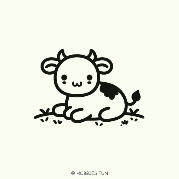 easy cow drawing, Cow Sitting on the Grass
