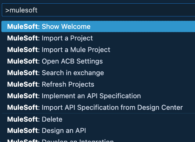 Command palette searching the keyword “mulesoft” to see the available commands