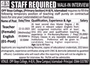 OPF Boys College Islamabad Job 2023 - Pakistan Jobs Updates