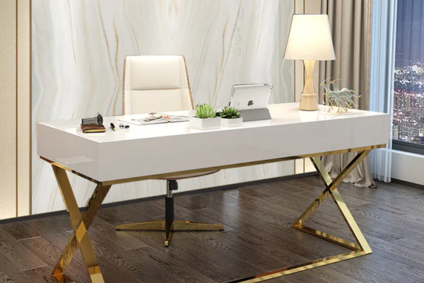 White Office Table with golden slim legs