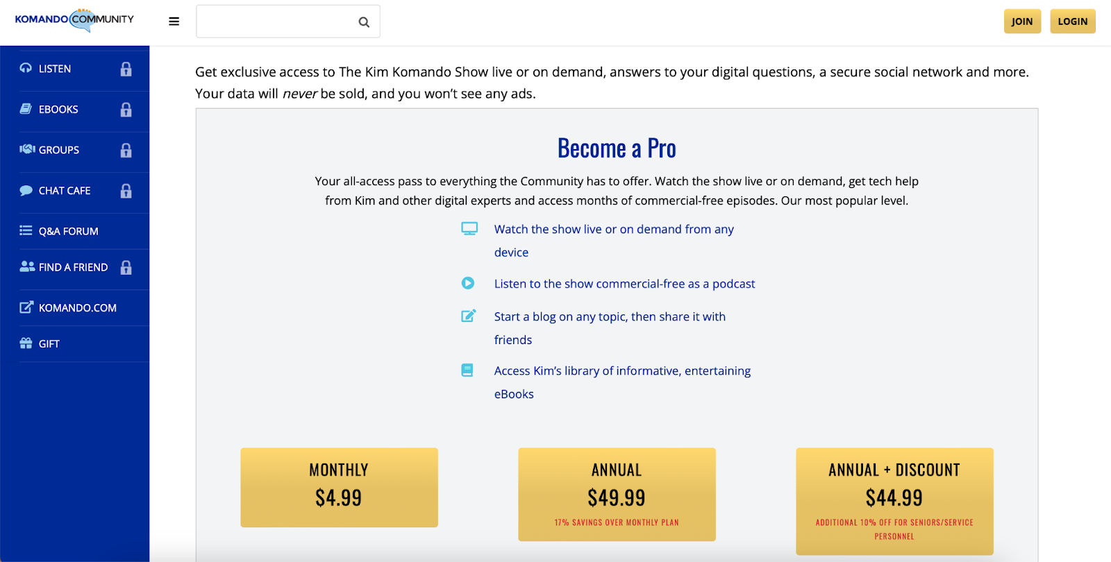 komando community pricing tiers page