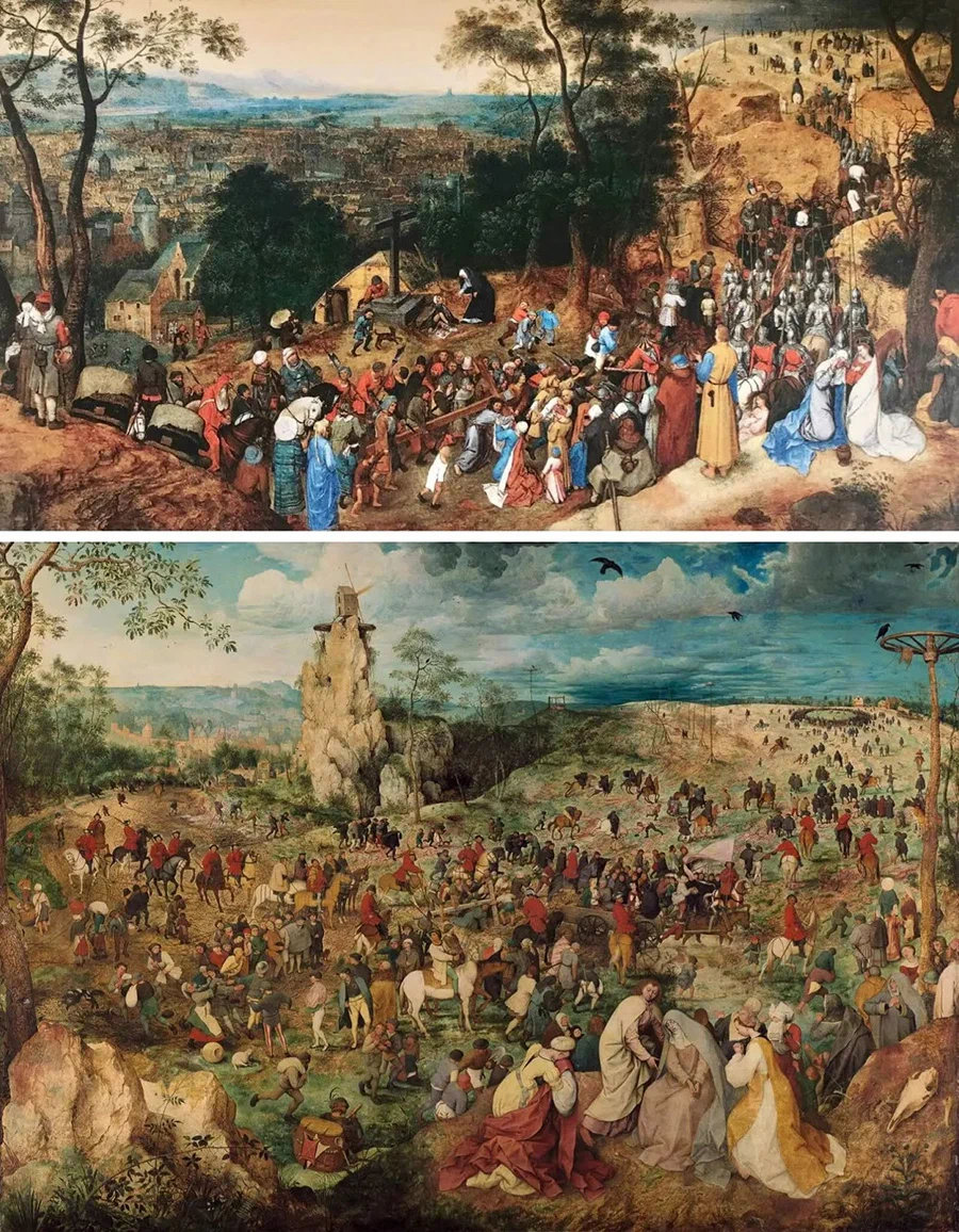 Сверху: Питер Брейгель Младший. Путь на Голгофу. 1620-е. Снизу: Питер Брейгель Старший. Путь на Голгофу. 1564.