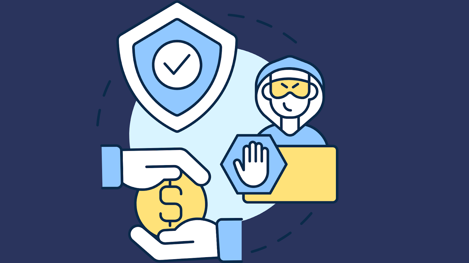 Illustration of secure financial transactions protected by a Phone Validator, depicting a shield with a checkmark and a figure blocking fraud.