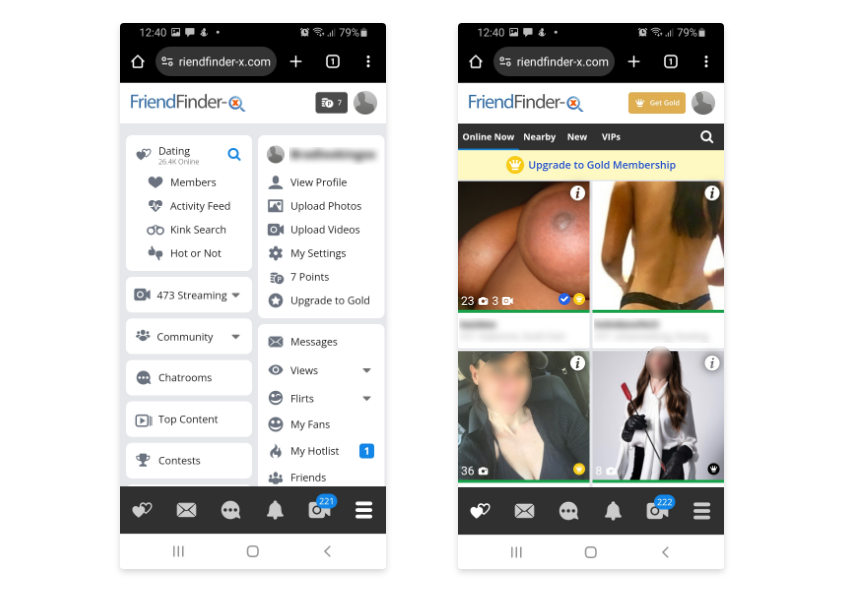 Two different pages of the adult dating site friend finder x on a mobile version.