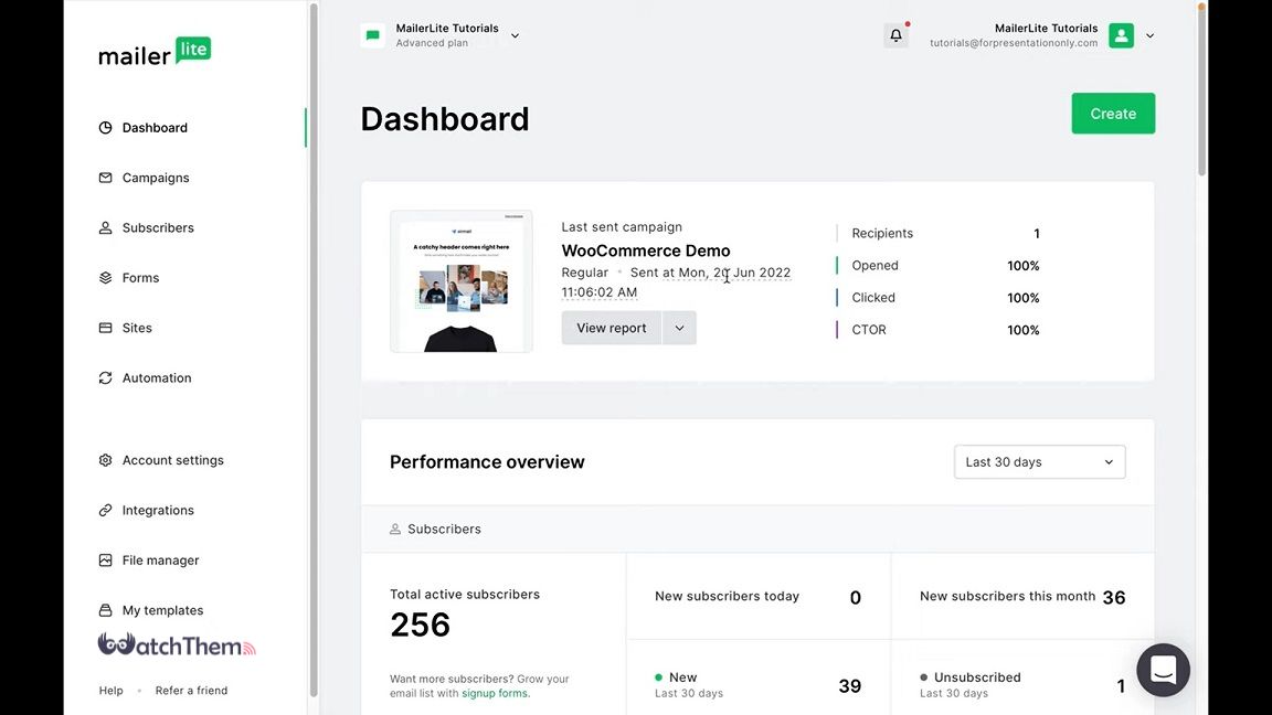 screenshot of Mailerlite email marketing platform dashboard