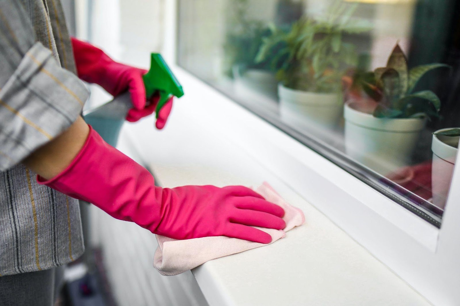 pink gloved hands cleaning a windowsill