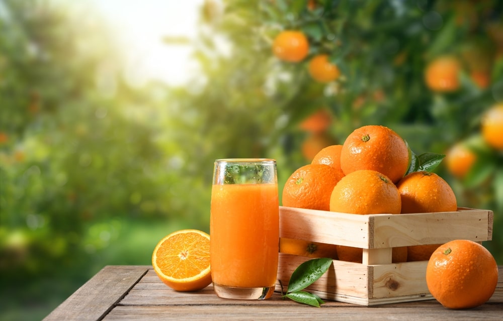 bunch of oranges with a glass of orange juice 
