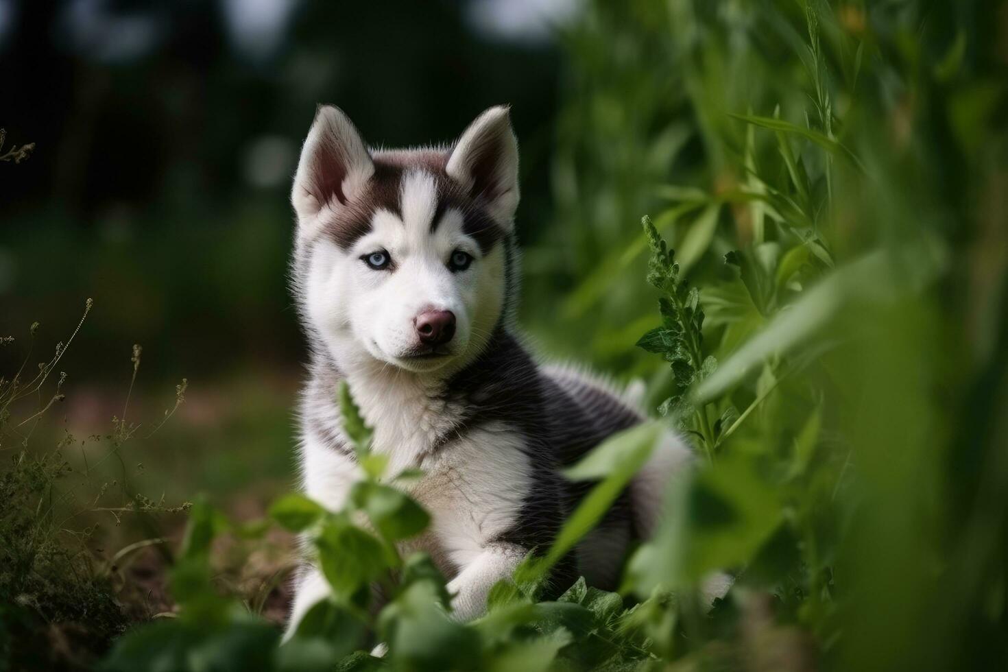 siberian husky puppy sitting in the grass in the park, Cute Siberian husky  puppy sitting in the green field, Ai generated 24571654 Stock Photo at  Vecteezy