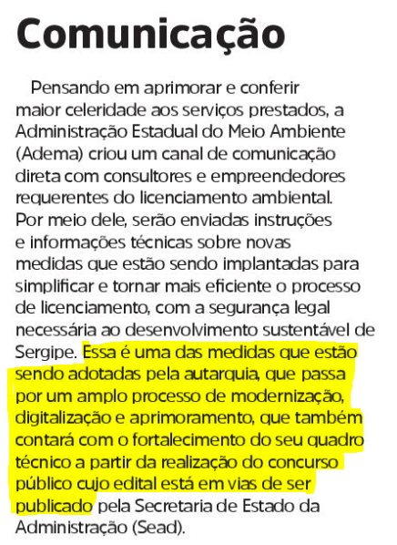 O concurso ADEMA SE 2024 terá edital publicado em breve, conforme comunicado da SEAD