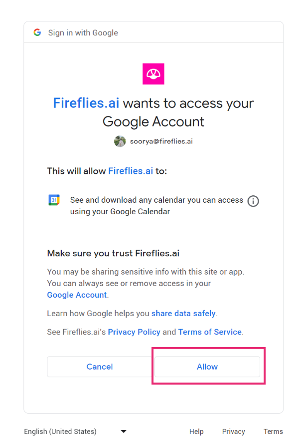 Click Allow to let Fireflies access your calendar metadata