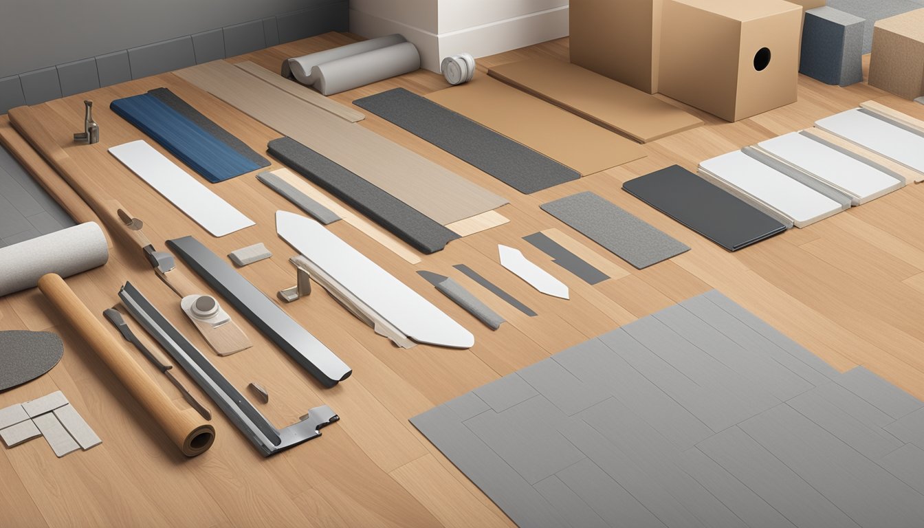 A variety of LVT flooring types are displayed, including wood, stone, and tile designs. Installation tools such as adhesive, spacers, and a utility knife are shown nearby