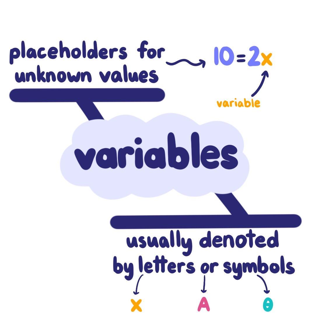  Variable are placeholders for unknown values. Usually, variables are denoted by letters or symbols such as x, A, or theta.
