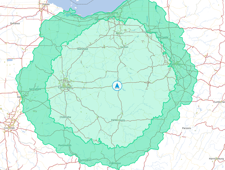 A map of a road with green circles

Description automatically generated