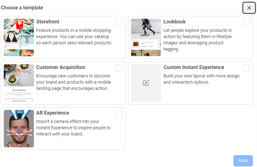 Templates for instant experience ads on Facebook