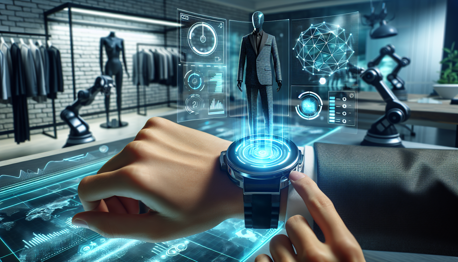 A futuristic AI technology integrated with fashion ERP software in apparel management